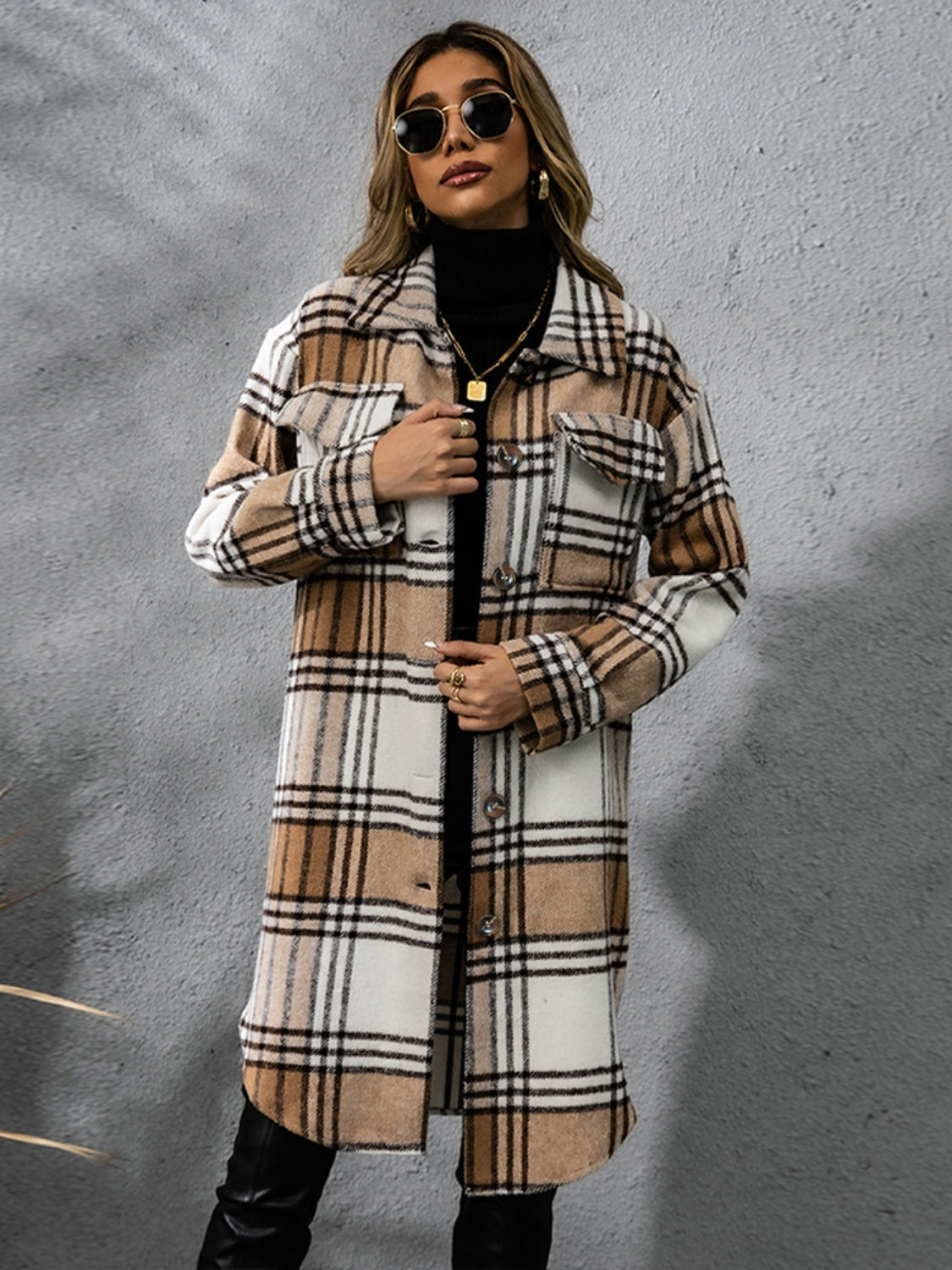 Lana Plaid Collared Neck Long Sleeve Coat