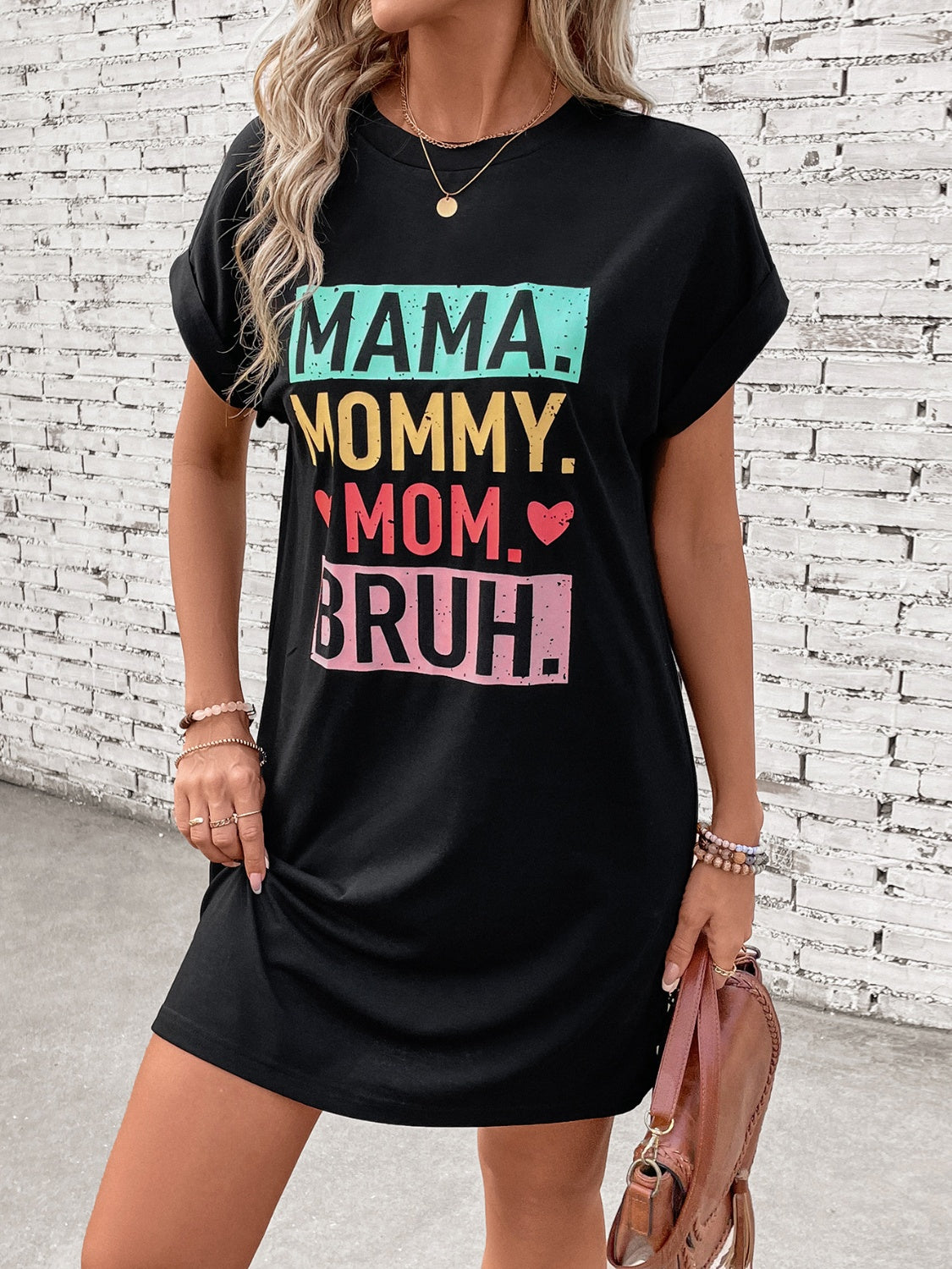 Mama, Mommy, Bruh! Letter Graphic Short Sleeve Mini Tee Dress