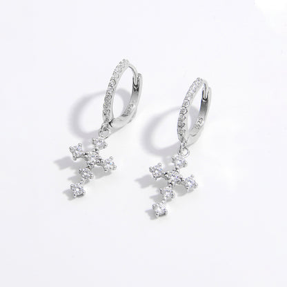 Divine Cross-drops 925 Sterling Silver Inlaid CZ Cross Dangle Earrings