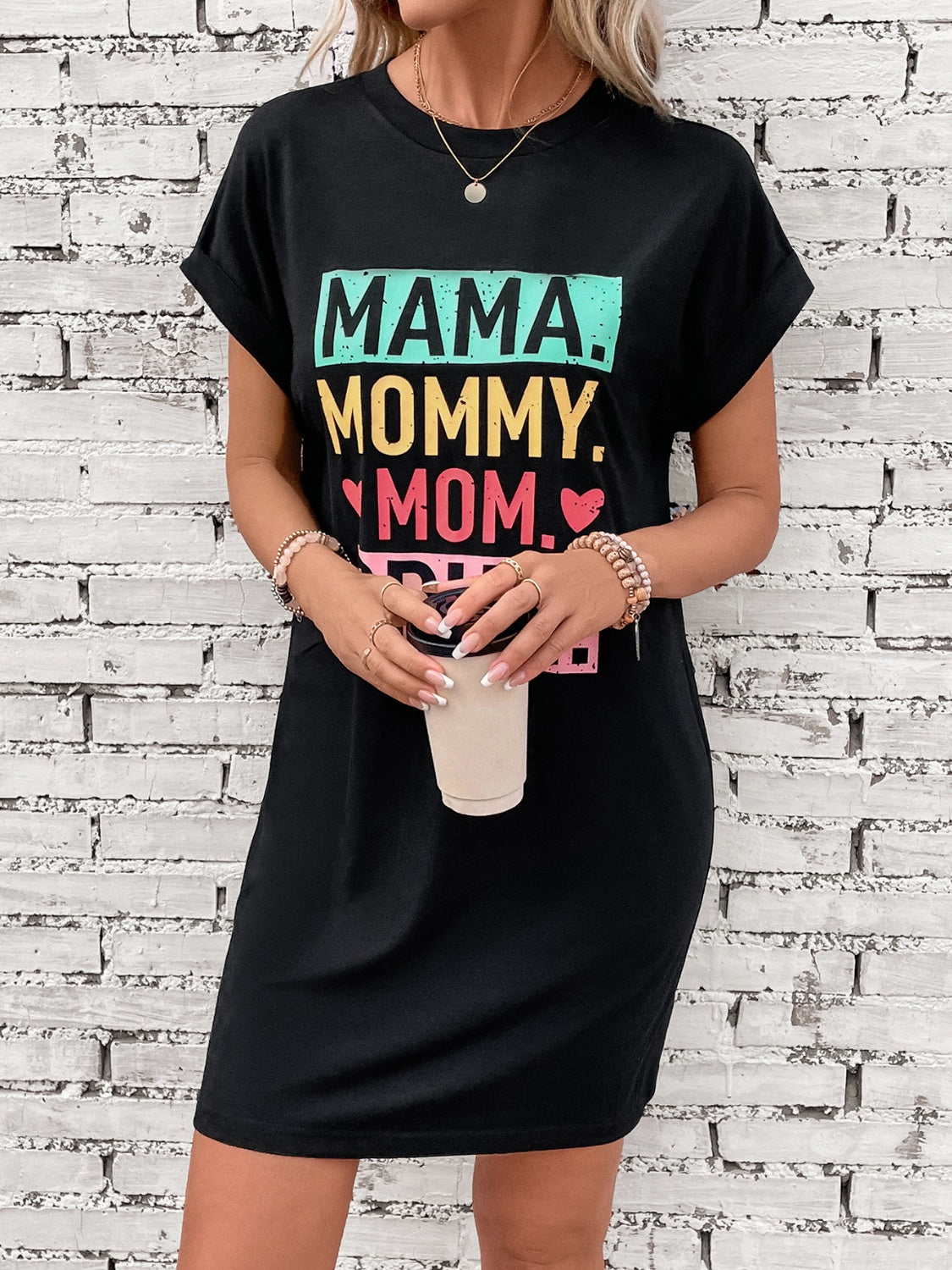 Mama, Mommy, Bruh! Letter Graphic Short Sleeve Mini Tee Dress