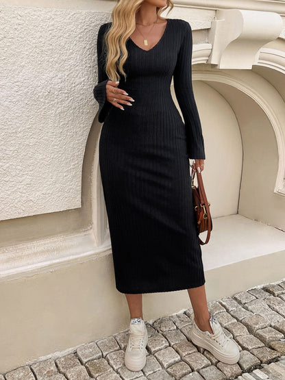 Ellie Tied V-Neck Long Sleeve Sweater Dress