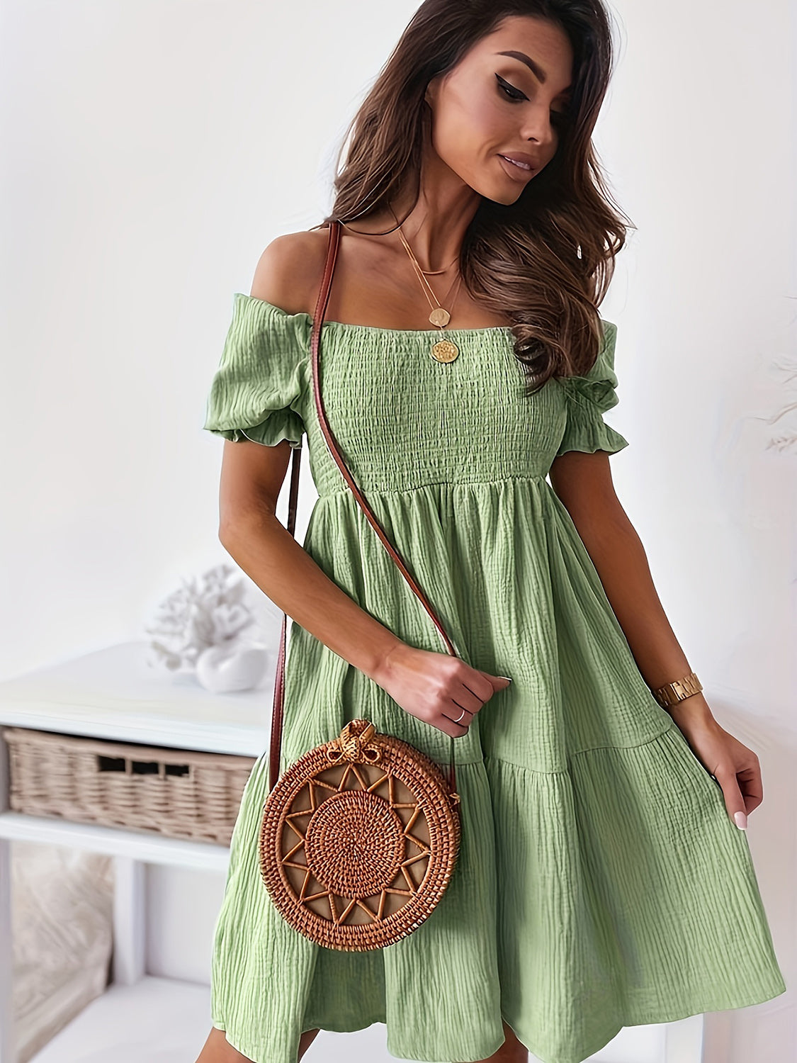 "Candance" Ruffled Off-Shoulder Short Sleeve Dress