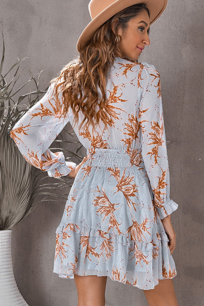 "Pauline" Floral Deep V Flounce Sleeve Mini Dress