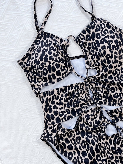 "Roar" Leopard Cutout Tied One-Piece Swimsuit
