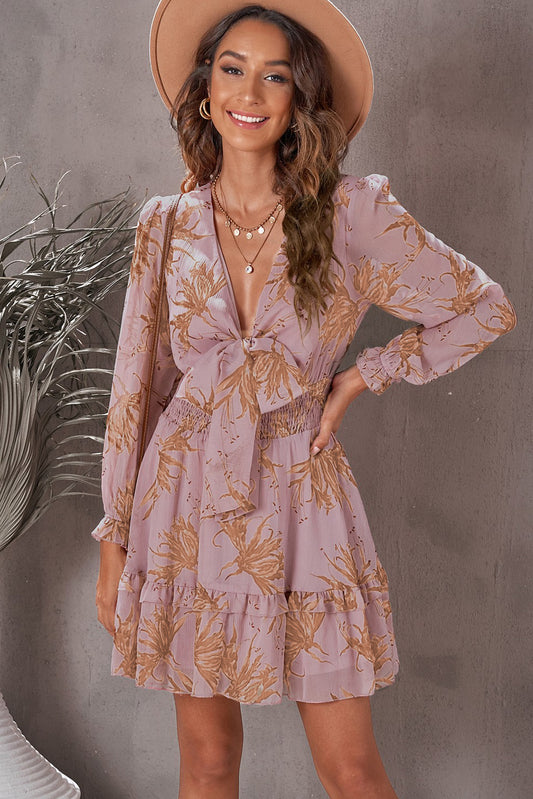 "Pauline" Floral Deep V Flounce Sleeve Mini Dress