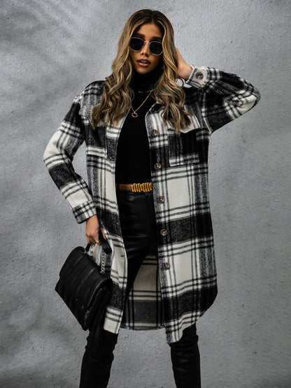 Lana Plaid Collared Neck Long Sleeve Coat