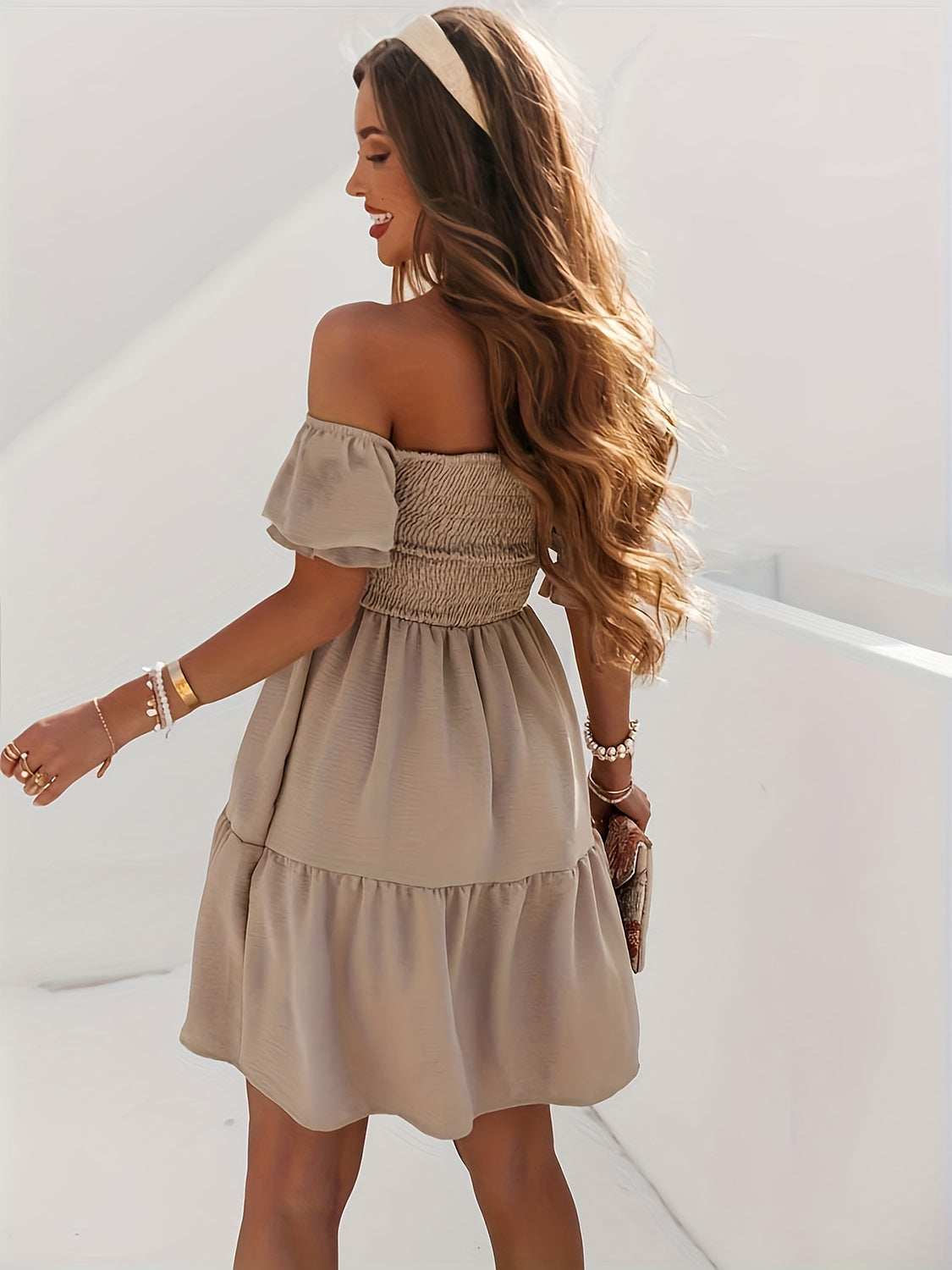 "Candance" Ruffled Off-Shoulder Short Sleeve Dress