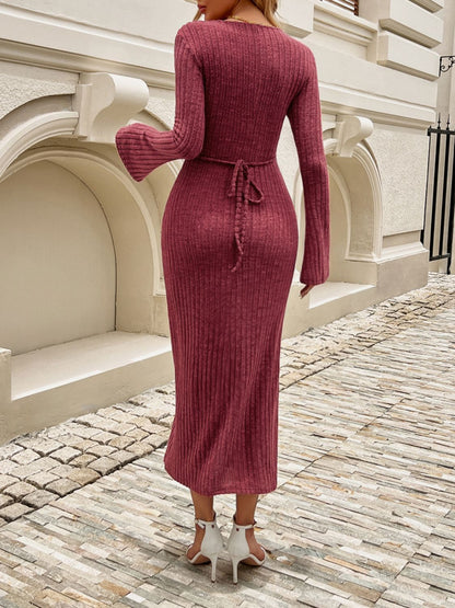 Ellie Tied V-Neck Long Sleeve Sweater Dress