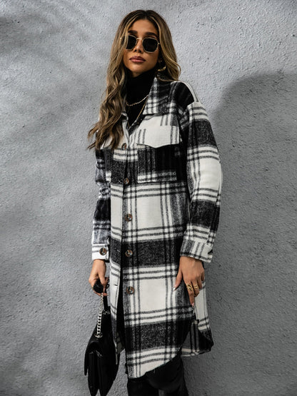 Lana Plaid Collared Neck Long Sleeve Coat
