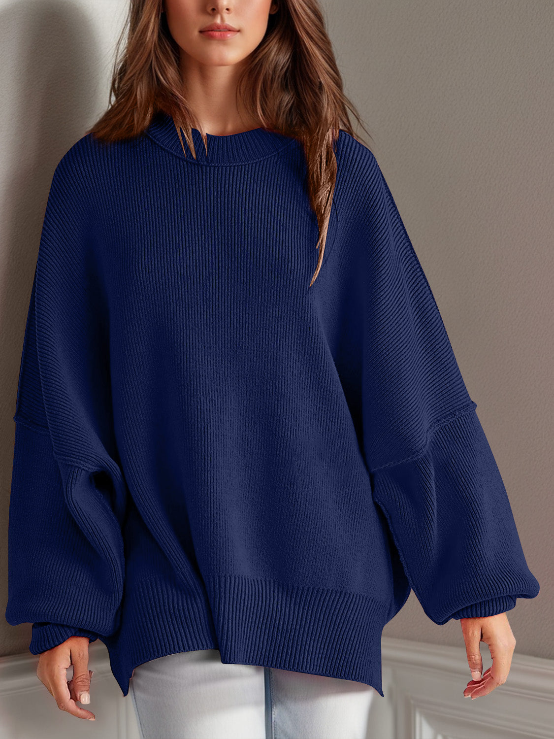 Emerson Double Take Side Slit Round Neck Long Sleeve Sweater