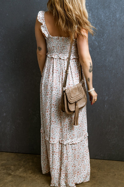 Rosalie Ruffled Smocked Printed Sleeveless Maxi Dress