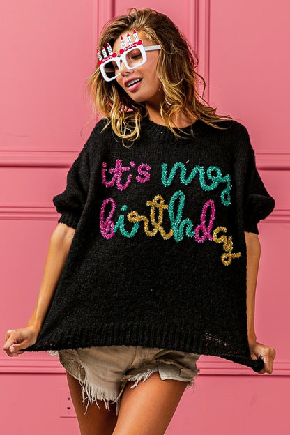 Darcy Metallic Letter Puff Sleeve Hairy Sweater