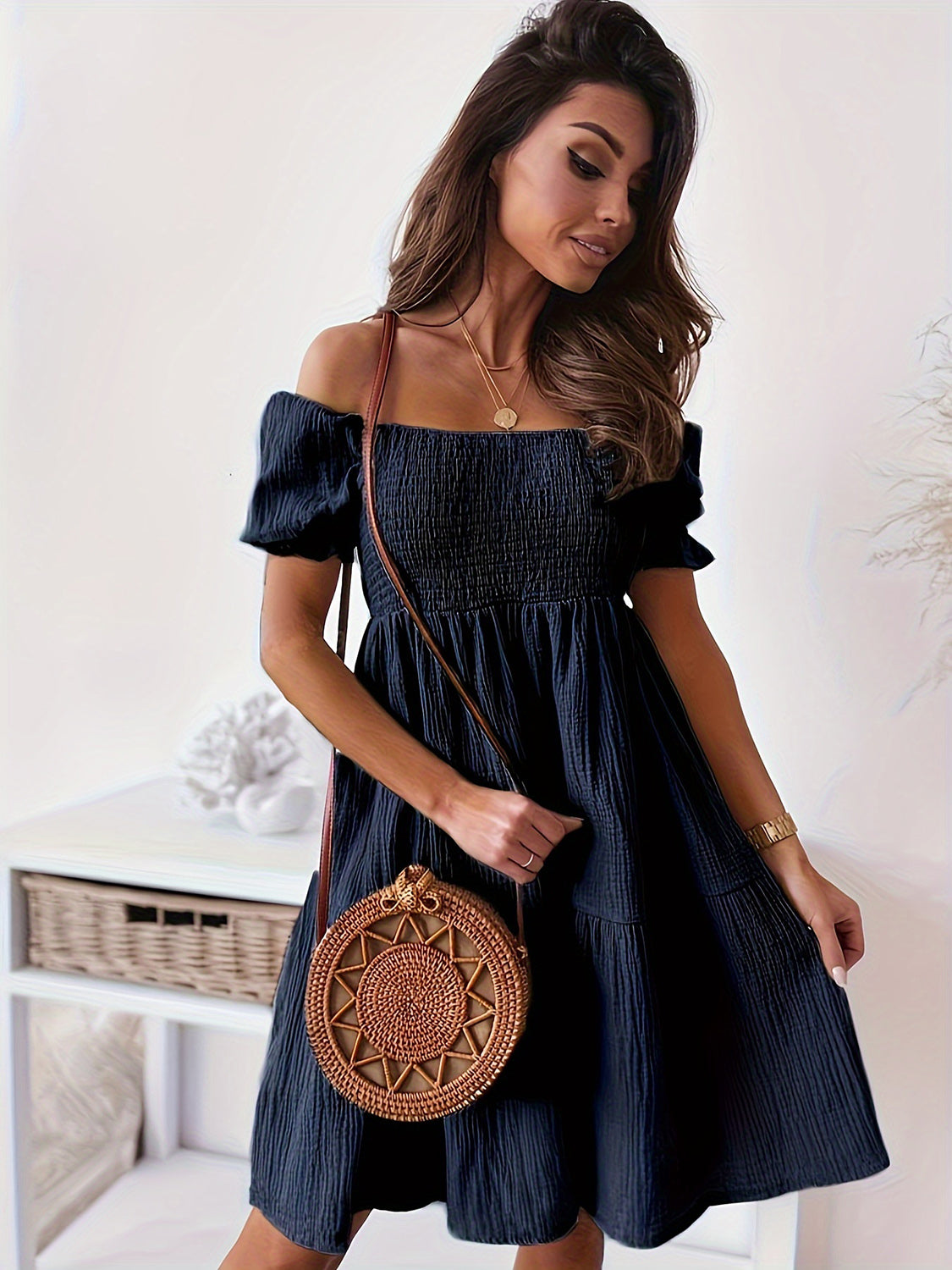 "Candance" Ruffled Off-Shoulder Short Sleeve Dress