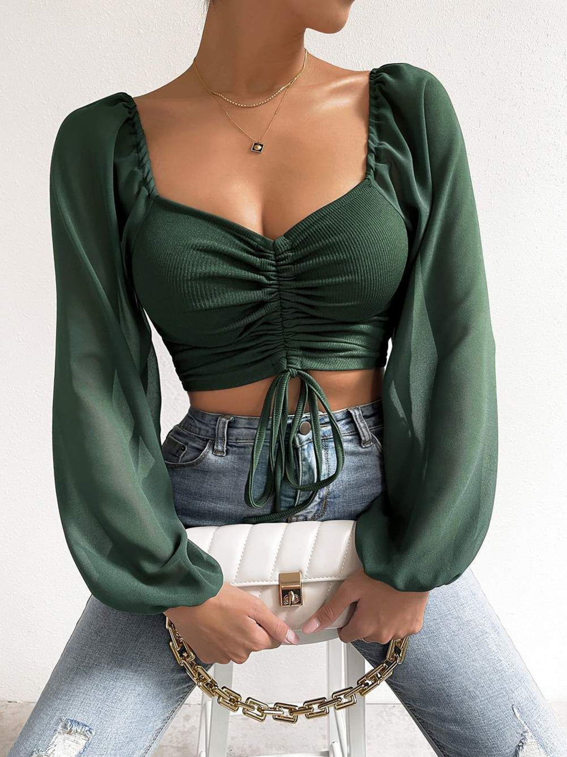 Amanda Drawstring Sweetheart Neck Cropped Top