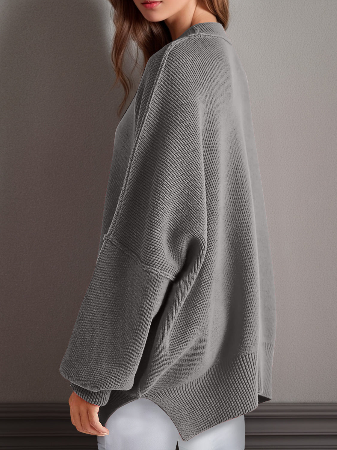 Emerson Double Take Side Slit Round Neck Long Sleeve Sweater