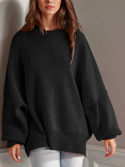 Emerson Double Take Side Slit Round Neck Long Sleeve Sweater