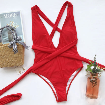 Quinta Halter Neck Deep V Tied One-Piece Swimsuit