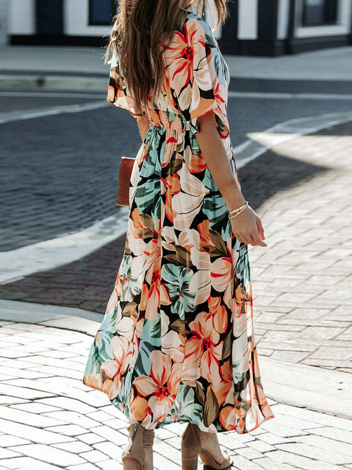 Cammie Floral Plunge Half Sleeve Dress