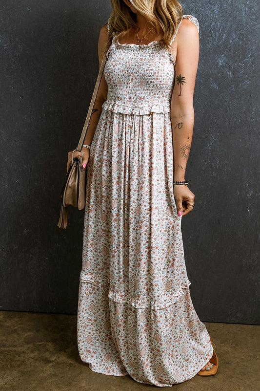 Rosalie Ruffled Smocked Printed Sleeveless Maxi Dress