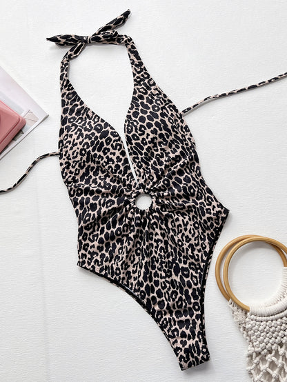 "Frida" Leopard Halter Neck Ring Detail One-Piece Swimsuit
