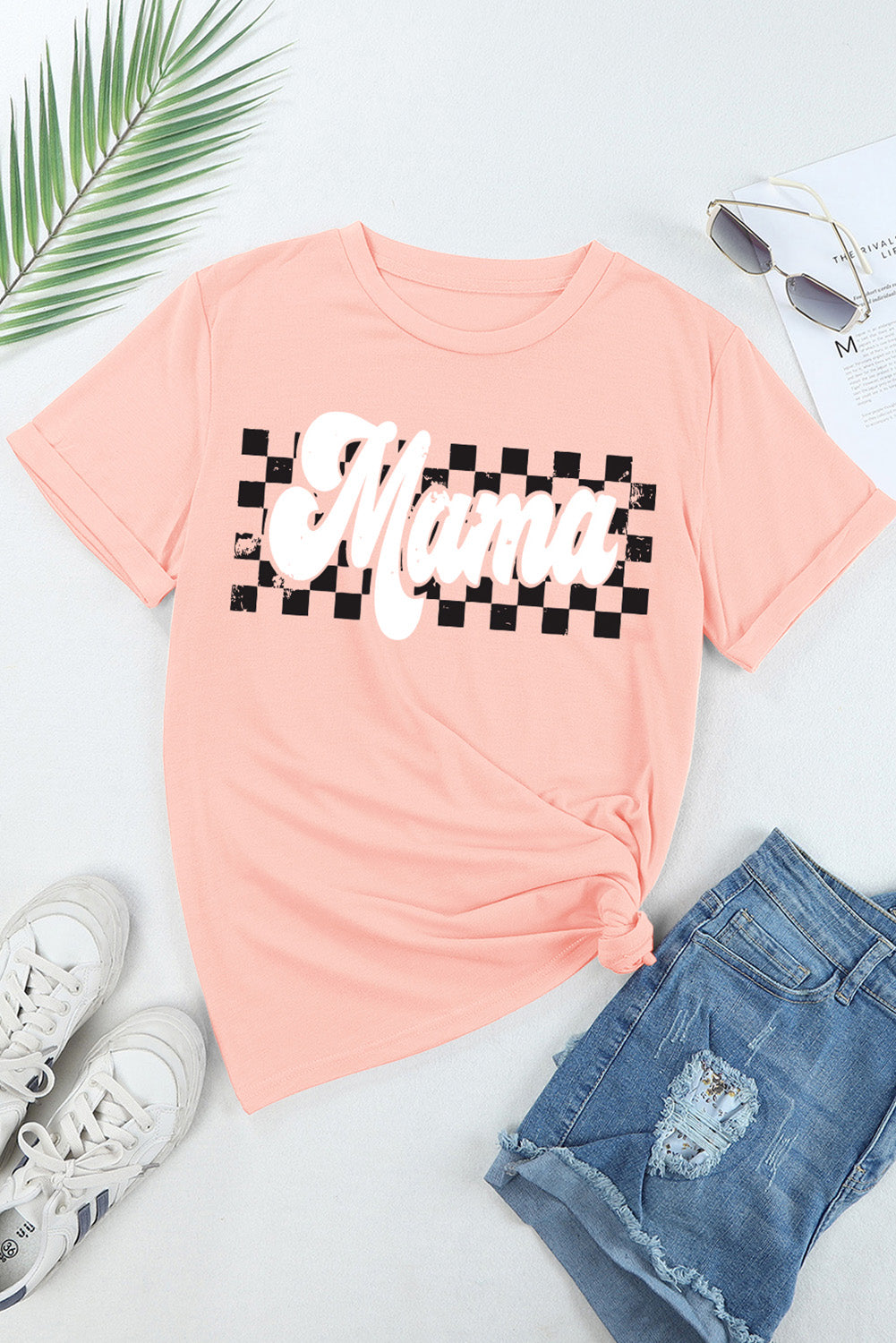 "MAMA" Checkered Round Neck Short Sleeve T-Shirt
