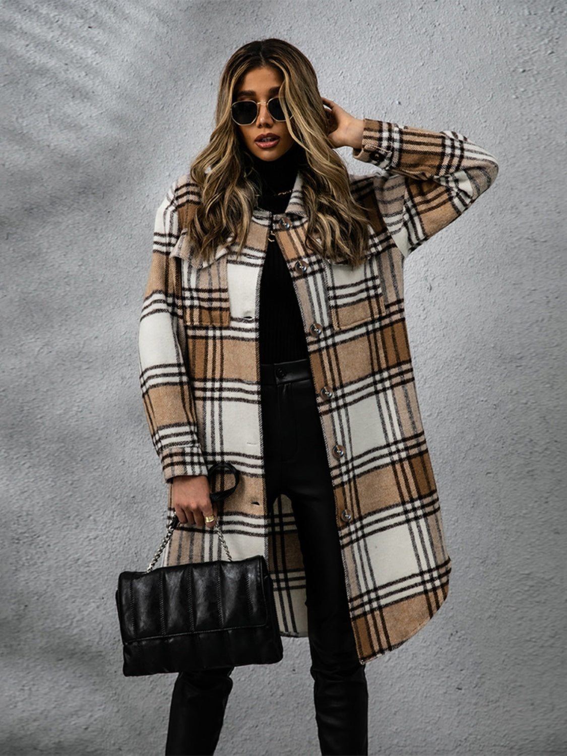 Lana Plaid Collared Neck Long Sleeve Coat