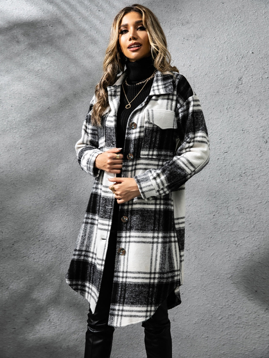 Lana Plaid Collared Neck Long Sleeve Coat
