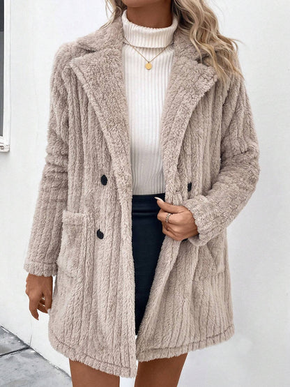 Calista Fuzzy Button Up Long Sleeve Coat with Pockets