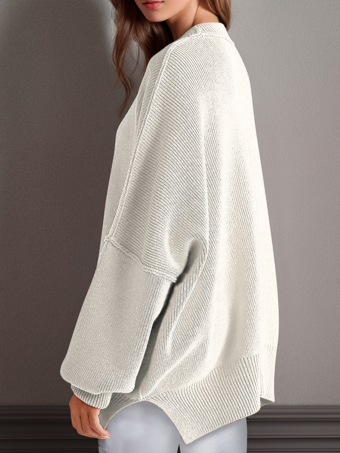 Emerson Double Take Side Slit Round Neck Long Sleeve Sweater