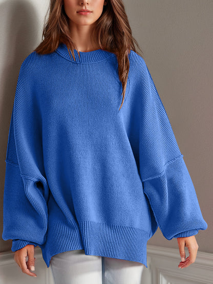 Emerson Double Take Side Slit Round Neck Long Sleeve Sweater
