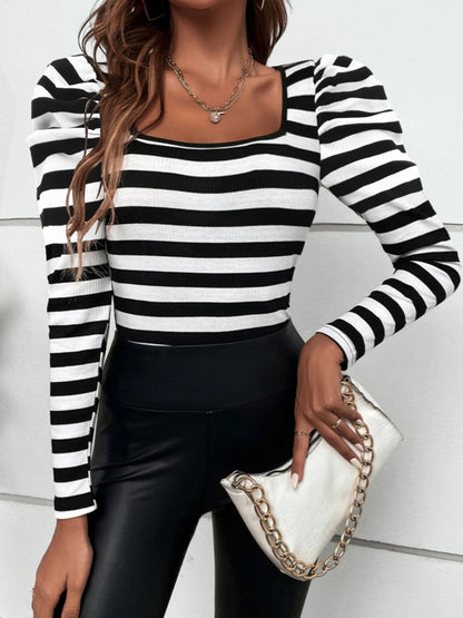 Gwynn Striped Square Neck Puff Sleeve T-Shirt