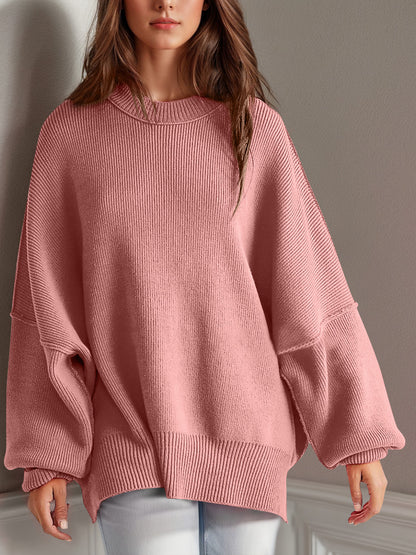 Emerson Double Take Side Slit Round Neck Long Sleeve Sweater
