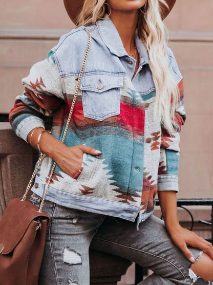 Tillie Geometric Button Up Long Sleeve Denim Jacket