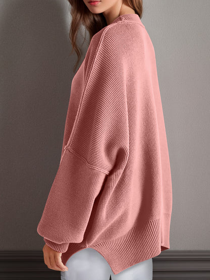 Emerson Double Take Side Slit Round Neck Long Sleeve Sweater