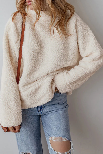 Cozy Classic Turtleneck Long Sleeve Slit Fleece Sweatshirt
