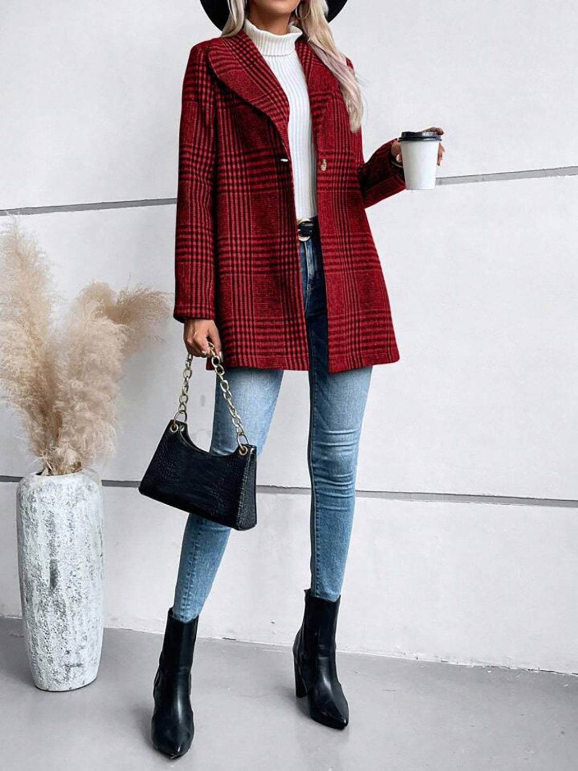 Cooper Plaid Collared Neck Long Sleeve Jacket