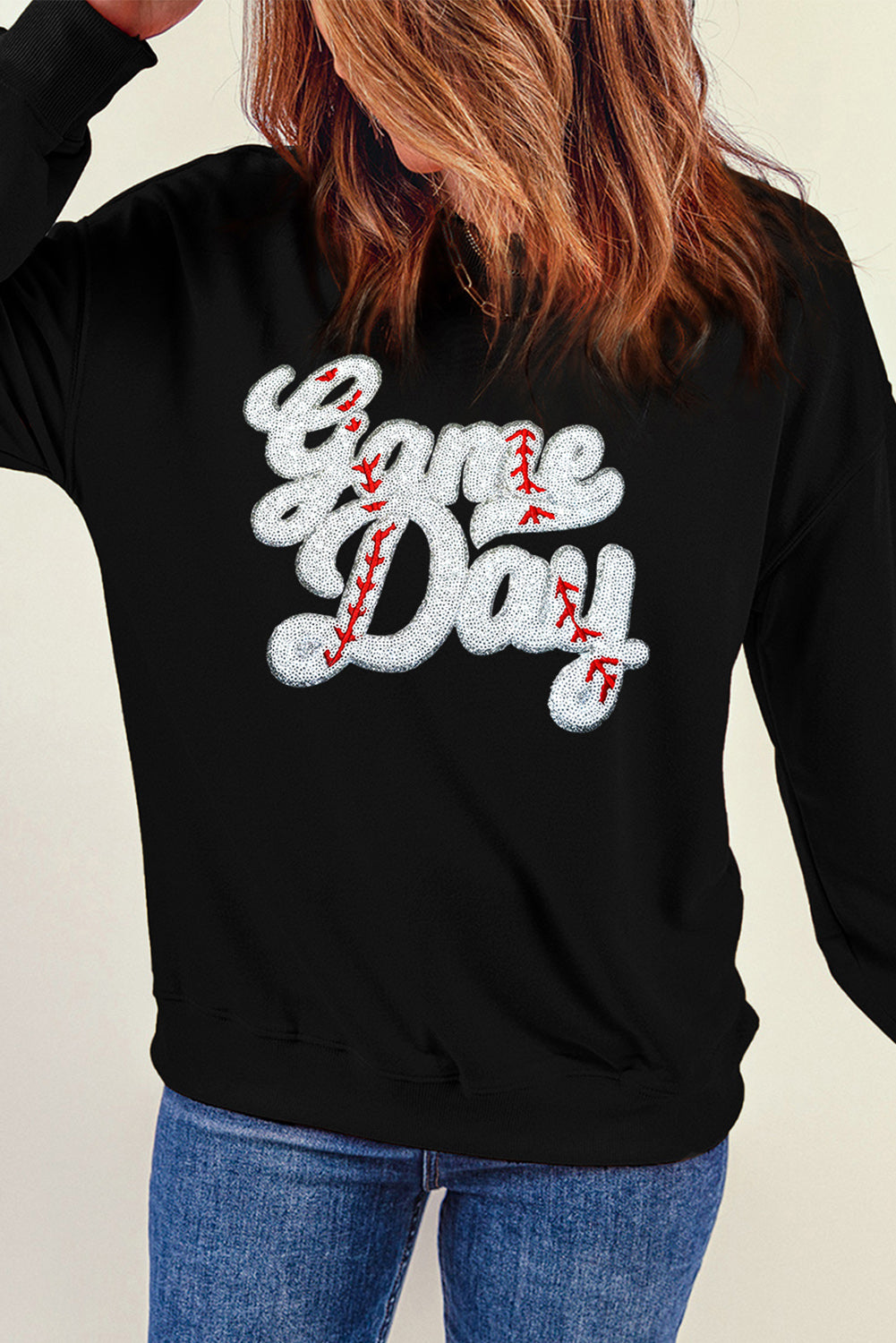 Take me to the Ball Game! Letter Graphic Round Neck Long Sleeve Sweatshirt