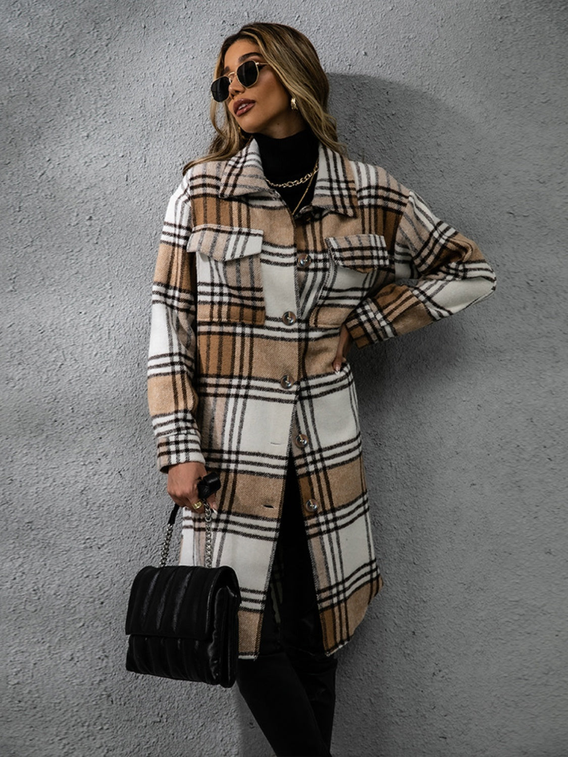 Lana Plaid Collared Neck Long Sleeve Coat