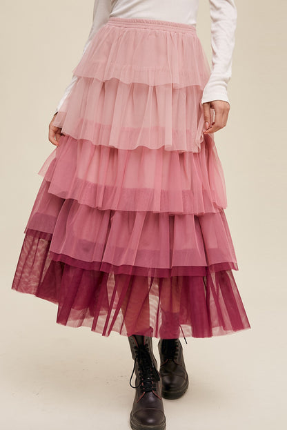 Tulle Hues Elastic Waist Layered Tulle Midi Skirt