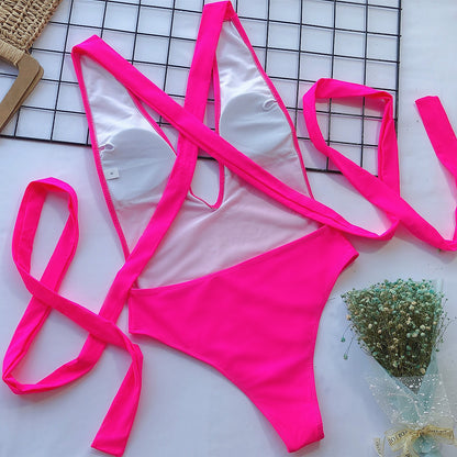 Quinta Halter Neck Deep V Tied One-Piece Swimsuit