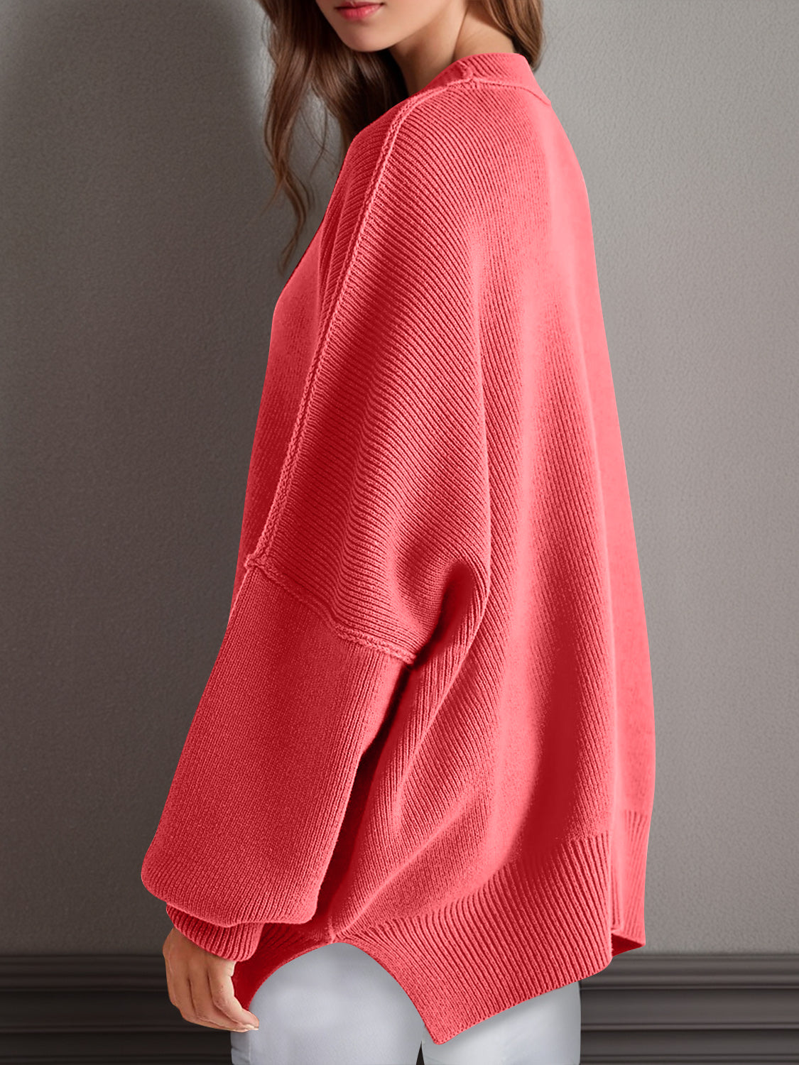 Emerson Double Take Side Slit Round Neck Long Sleeve Sweater