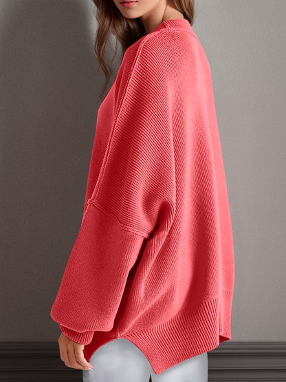Emerson Double Take Side Slit Round Neck Long Sleeve Sweater