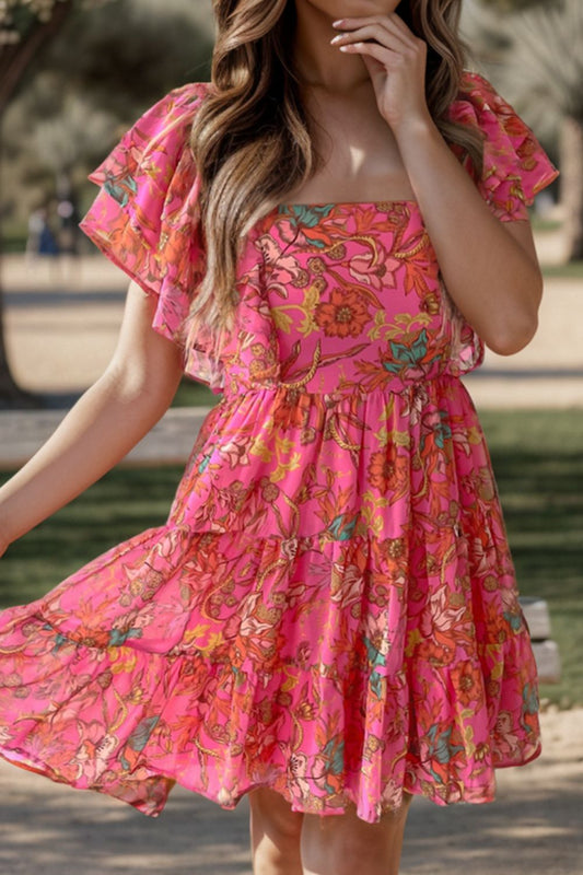 "Flora" Ruffled Printed Square Neck Dress