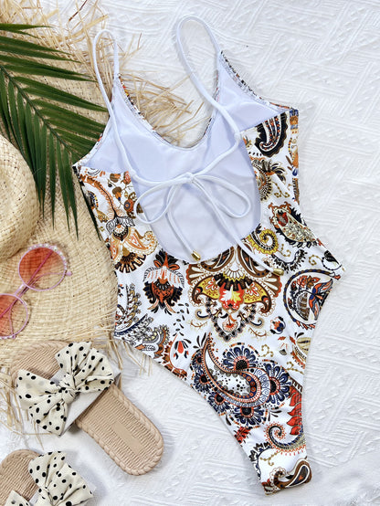 "Pretty n Paisley" Tie Back Scoop Neck One-Piece Swimsuit