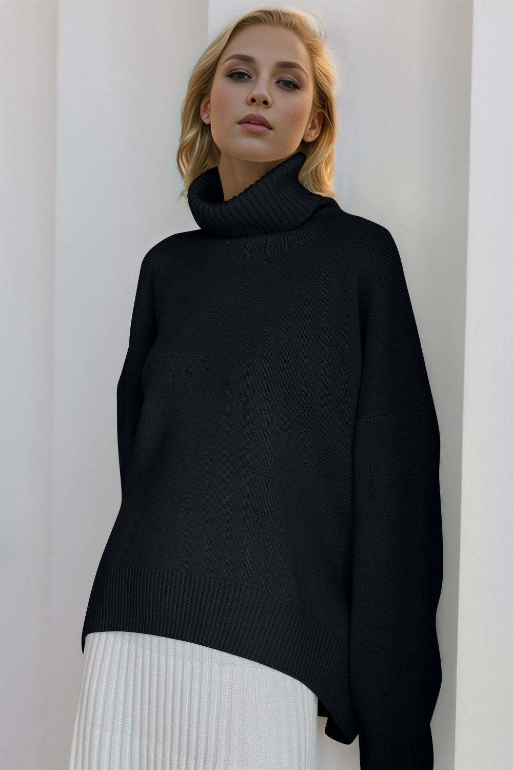 Cozy Bliss Turtleneck Dropped Shoulder Long Sleeve Sweater