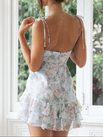 Navy Tied Printed Sweetheart Neck Cami Dress
