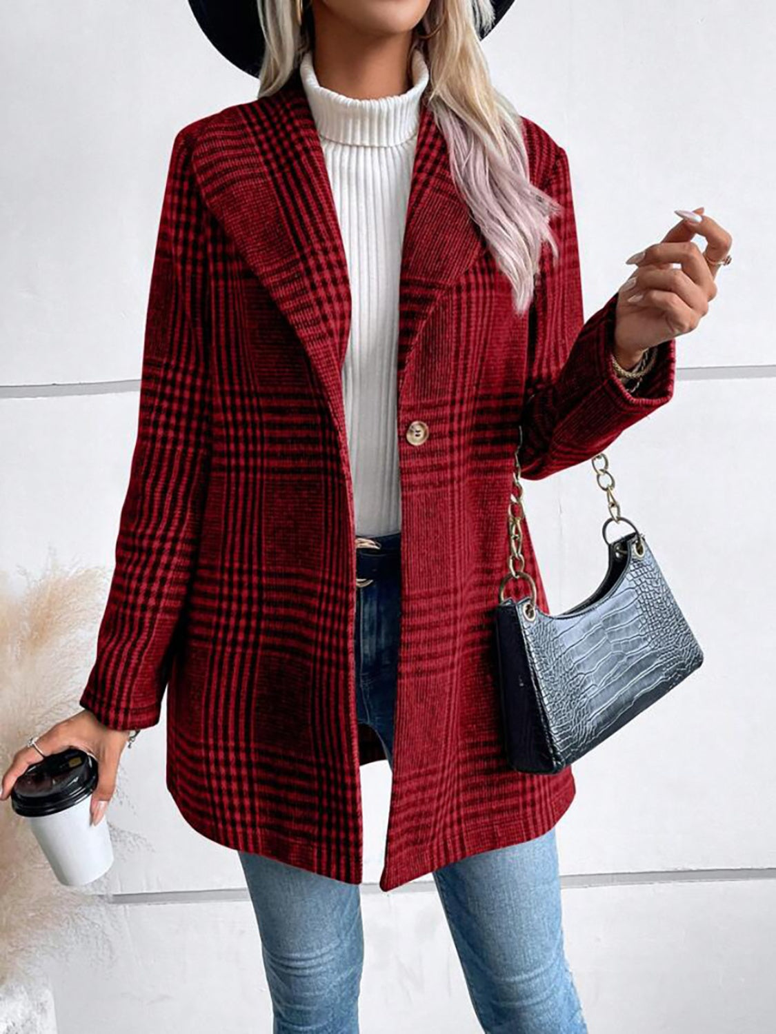Cooper Plaid Collared Neck Long Sleeve Jacket