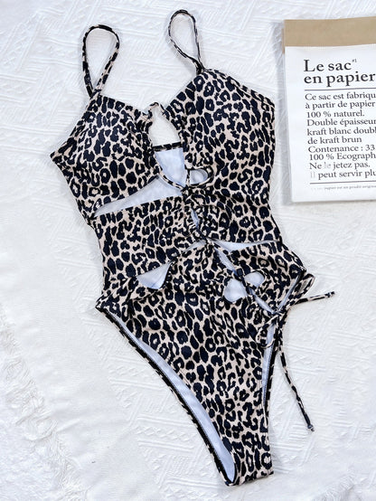 "Roar" Leopard Cutout Tied One-Piece Swimsuit