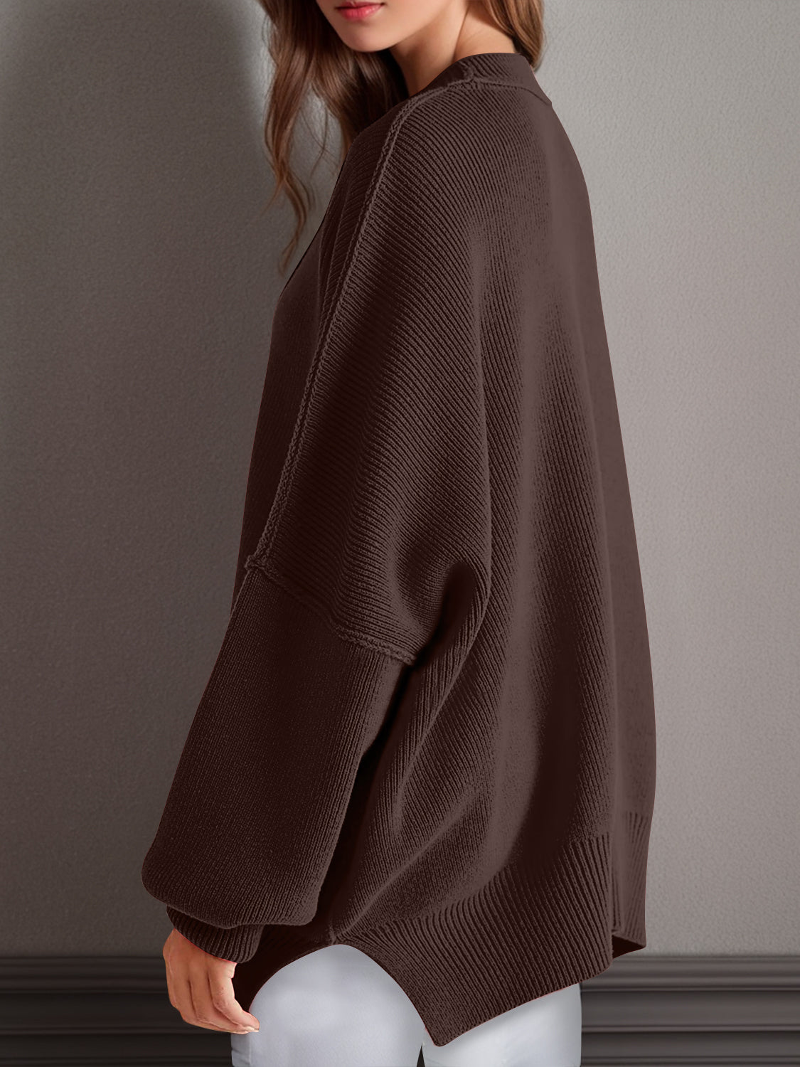 Emerson Double Take Side Slit Round Neck Long Sleeve Sweater