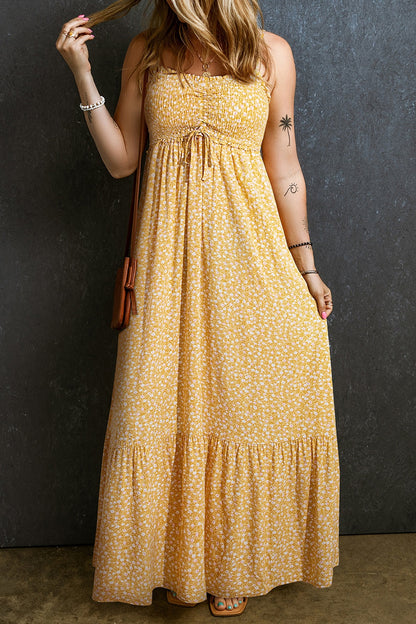 "Fresh Daisies" Smocked Printed Square Neck Maxi Cami Dress